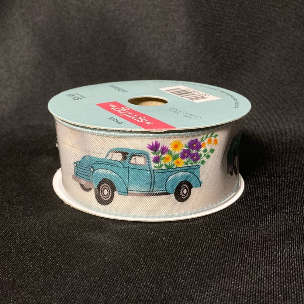 ❤️‍🔥 The Spring Shop Blue Truck Floral Wire Edged Ribbon 1.5” x 360”